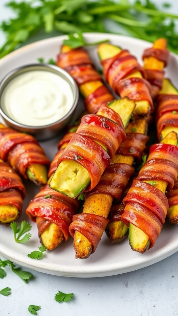 A plate of bacon-wrapped avocado fries with a dipping sauce