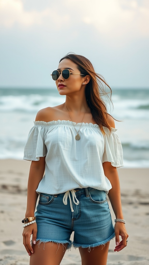 A woman wearing an off-the-shoulder white top and denim shorts standing on the beach.