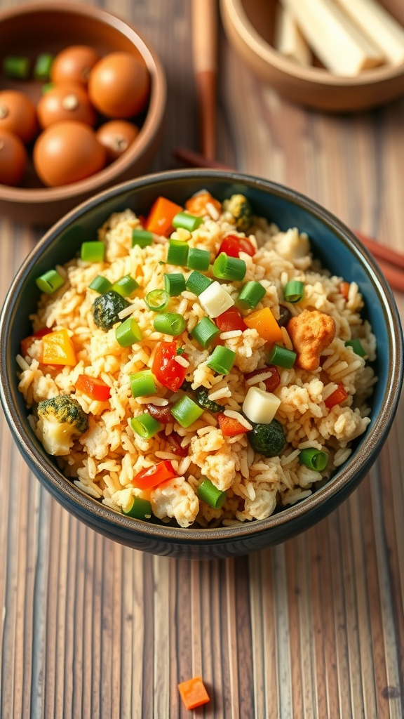 A bowl of cauliflower fried rice with colorful vegetables on a wooden table.