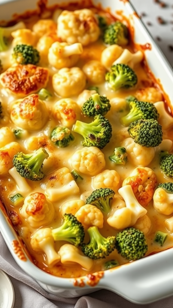 A delicious cheesy broccoli and cauliflower casserole baked to golden perfection.