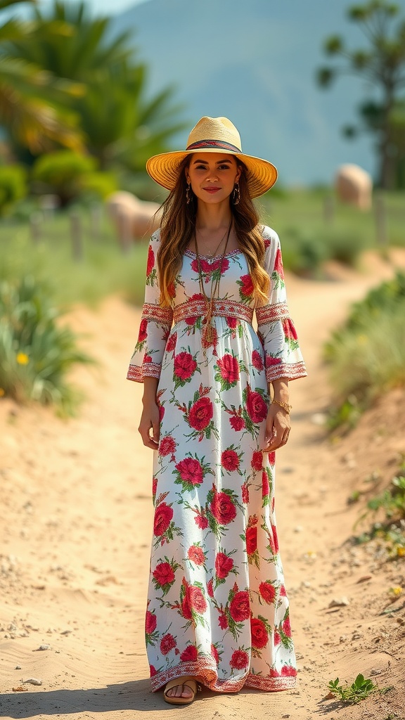 A woman wearing a floral bohemian maxi dress with a hat, walking on a sandy path surrounded by greenery.