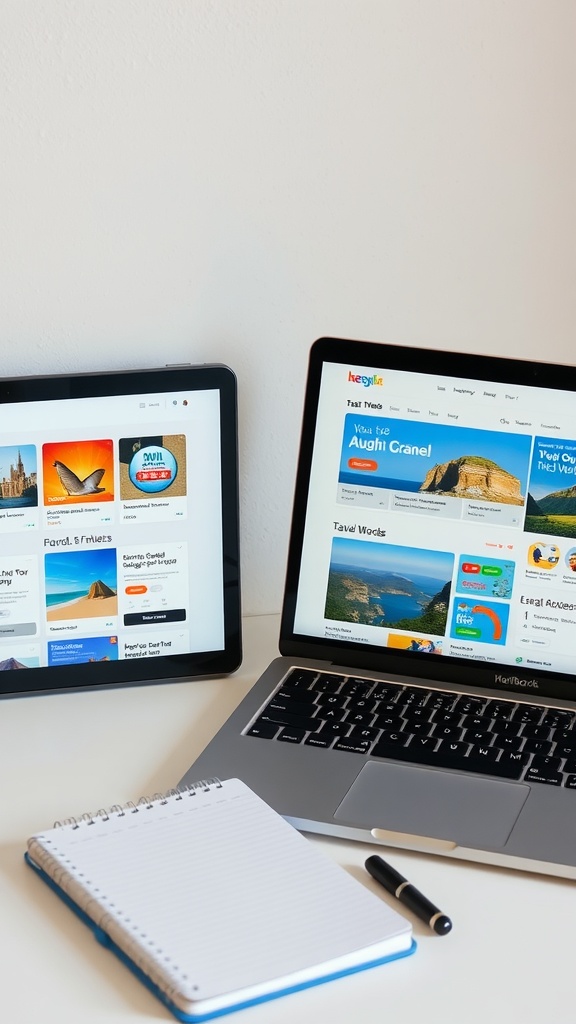 Image showing a laptop and a tablet displaying travel websites, with a notebook and pen nearby.