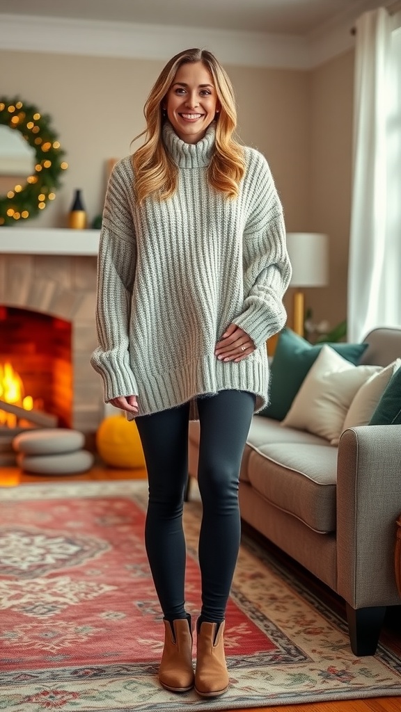 A cozy oversized sweater with leggings and ankle boots displayed in a stylish living room setting.