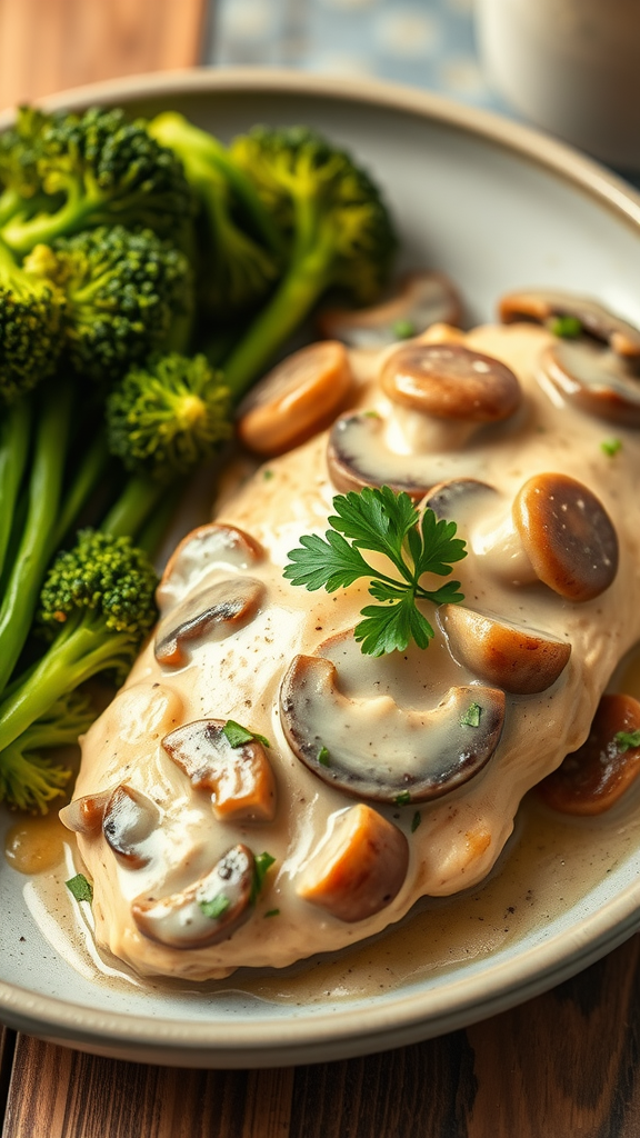 A delicious plate of creamy garlic mushroom chicken with broccoli on the side.