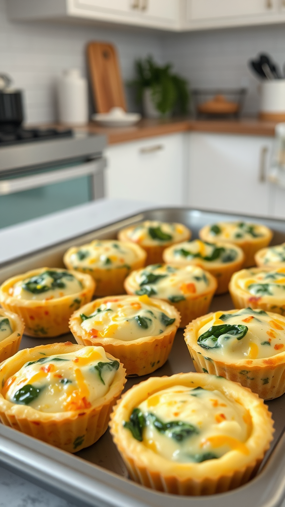 A tray of egg muffins with spinach and cheese in a kitchen setting.