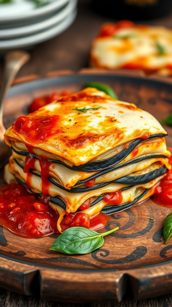 A delicious serving of eggplant lasagna with ricotta on a wooden plate, garnished with fresh basil.