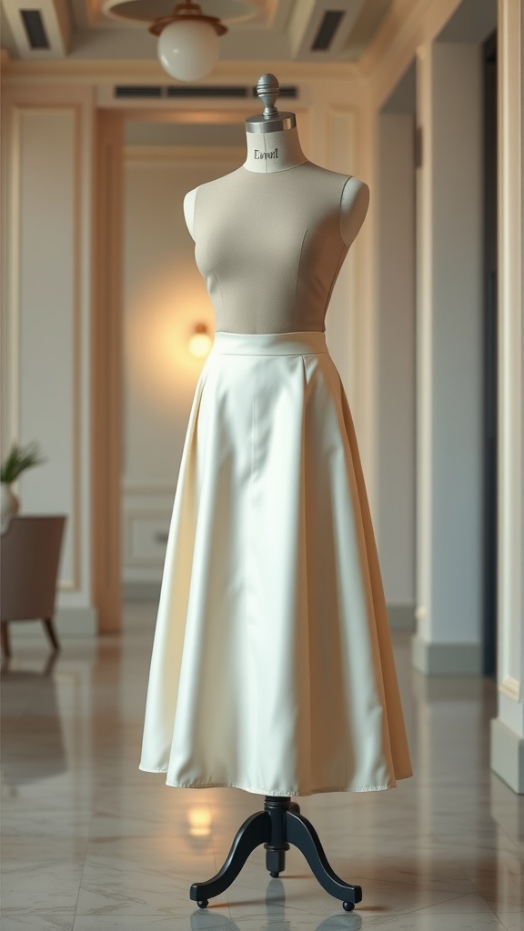 A stylish display of a fitted top paired with an elegant midi skirt.
