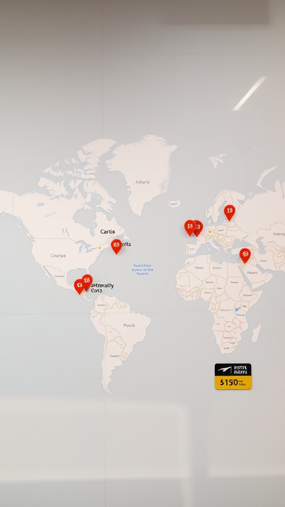 World map showing various airports with price tags indicating lower fares