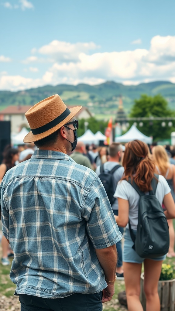 A crowd at a local festival with mountains in the background