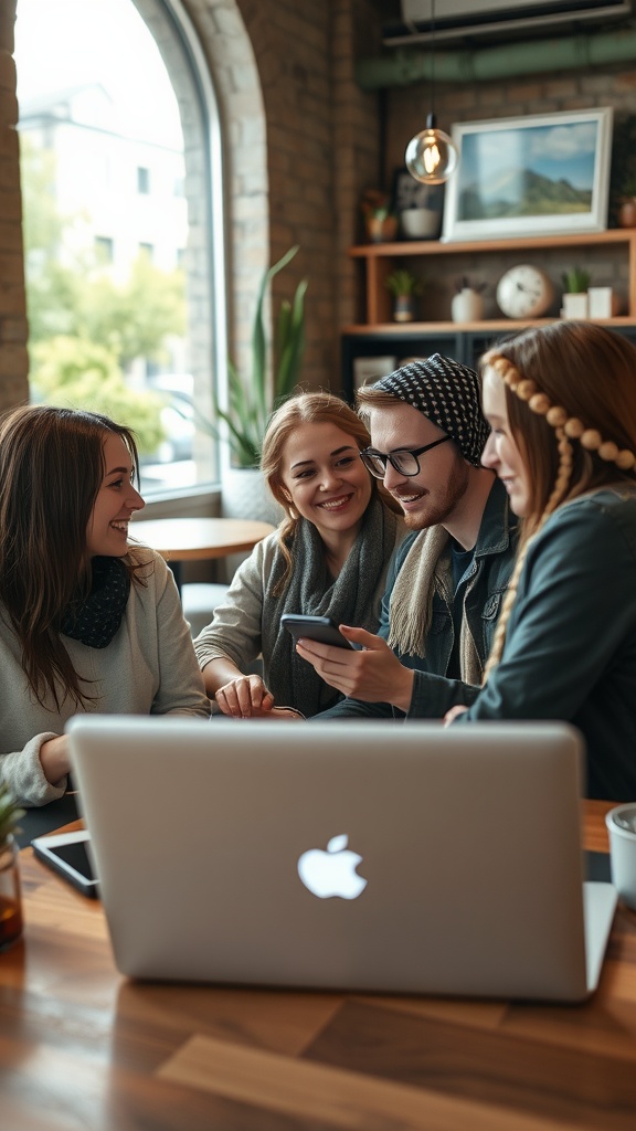 A group of friends discussing travel tips around a laptop in a cozy cafe.