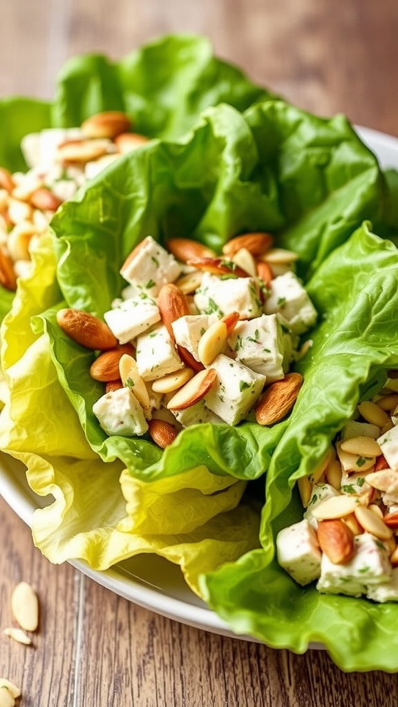 A plate of lettuce wraps filled with chicken salad and almonds.
