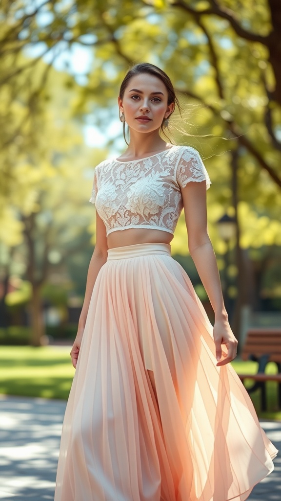 A woman in a lace crop top and high-waisted skirt, standing in a park.