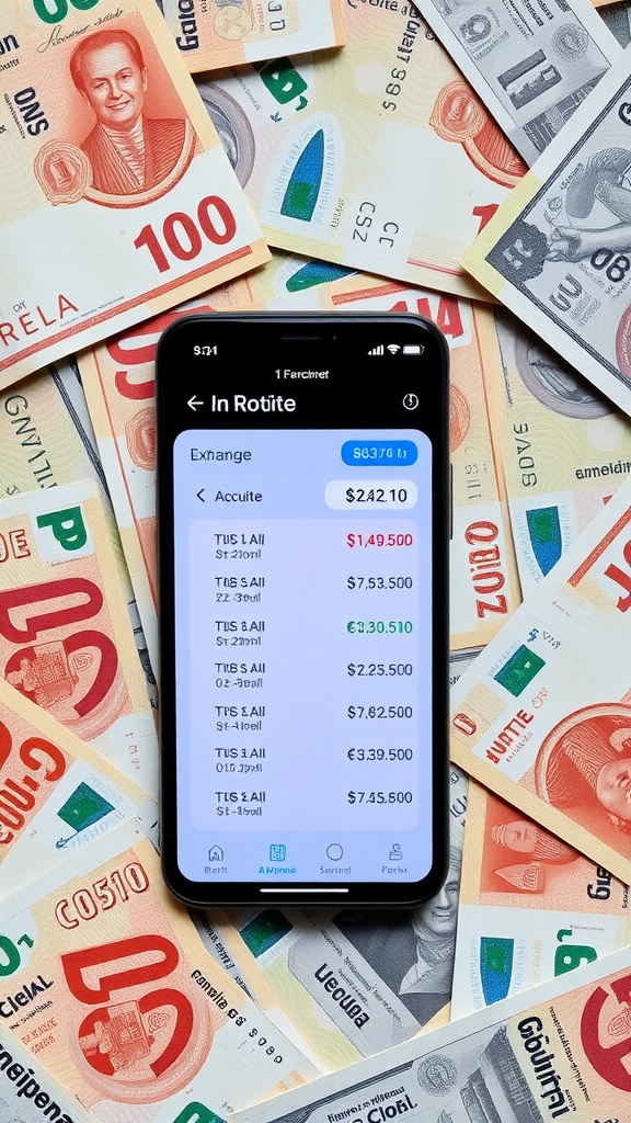 A smartphone displaying currency exchange rates on a table surrounded by various banknotes.