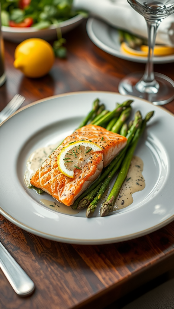 A plated dish of salmon fillet with asparagus and lemon butter sauce, garnished with a lemon slice.