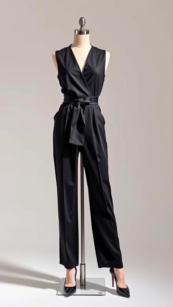 A sleek black jumpsuit featuring a wrap design and a statement belt, showcased on a mannequin.