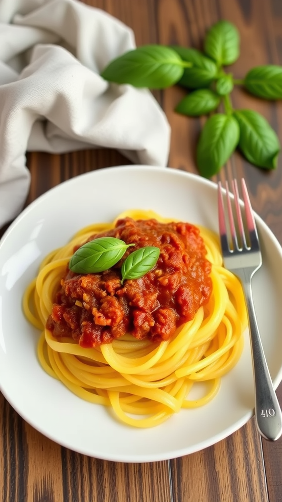 A plate of spaghetti squash topped with Bolognese sauce and fresh basil.