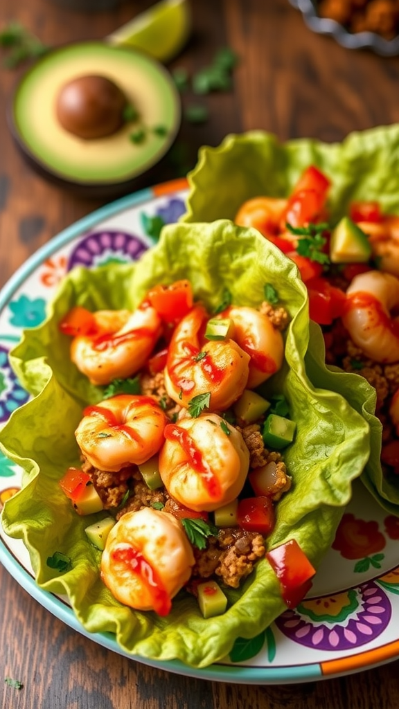 Spicy shrimp tacos in lettuce wraps with diced vegetables