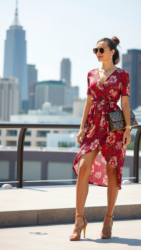 A woman in a stylish wrap dress with a city skyline in the background, accessorized with sunglasses and a fashionable handbag.
