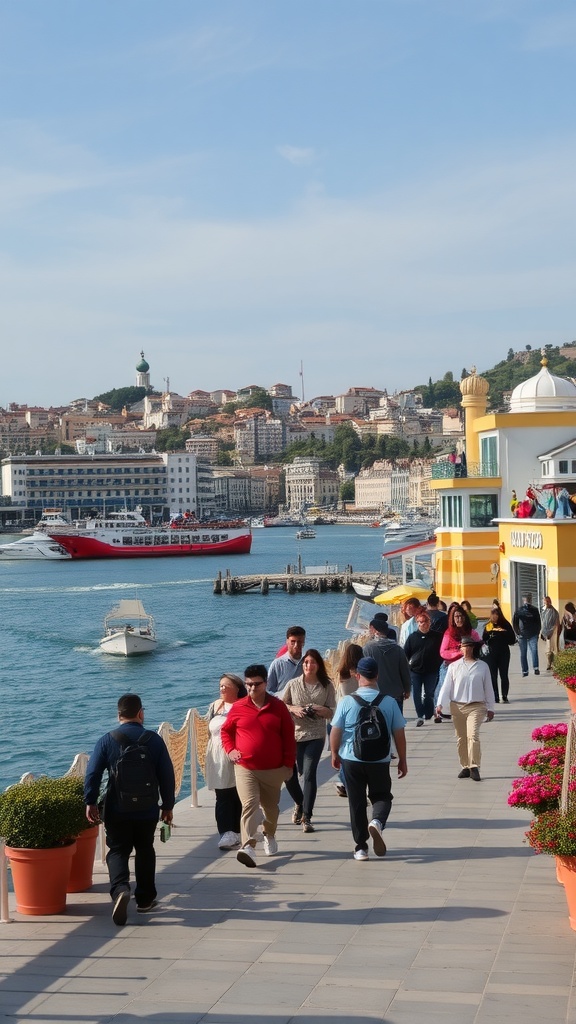 People walking along a waterfront promenade with colorful buildings and boats in the background.