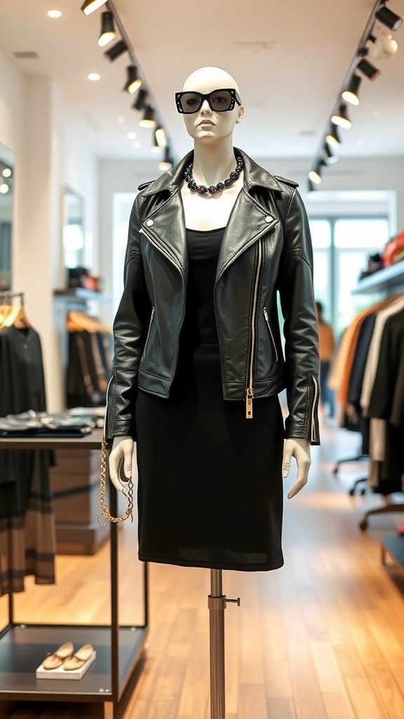 A mannequin wearing a black leather jacket over a little black dress in a boutique.