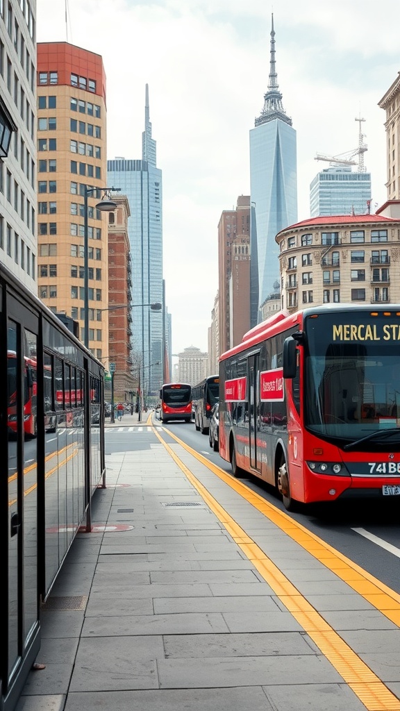 Buses on a city street with skyscrapers in the background