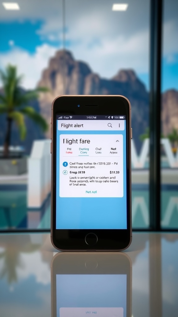 A smartphone displaying a flight alert notification with details about a flight fare.