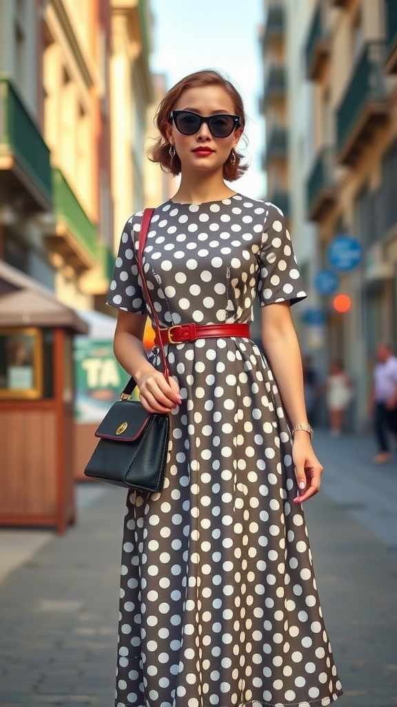 A woman in a vintage-inspired A-line dress with polka dots, sunglasses, and a handbag, standing in a city street.