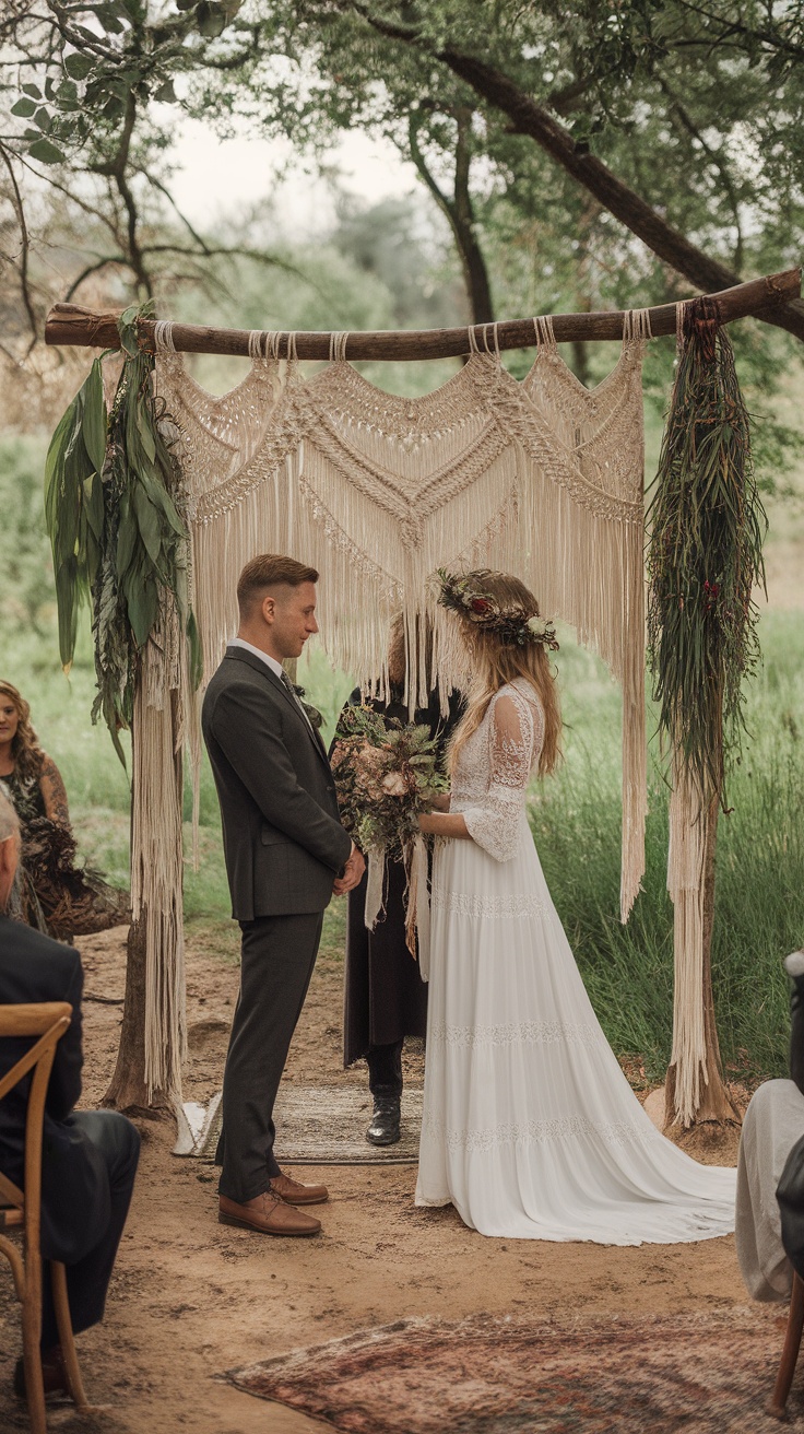A couple stands under a macrame wedding arch surrounded by greenery.