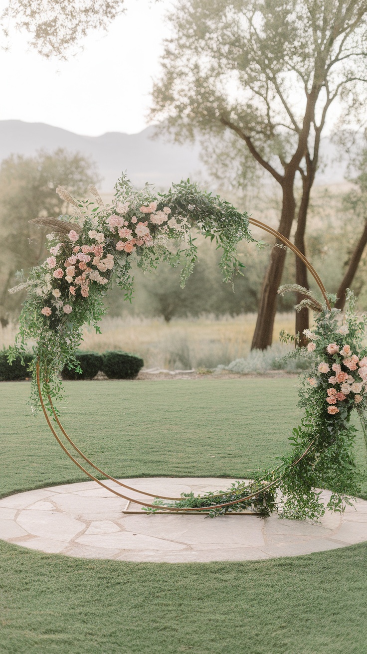 A circular floral hoop arch decorated with pink flowers and greenery, set in an outdoor wedding venue.