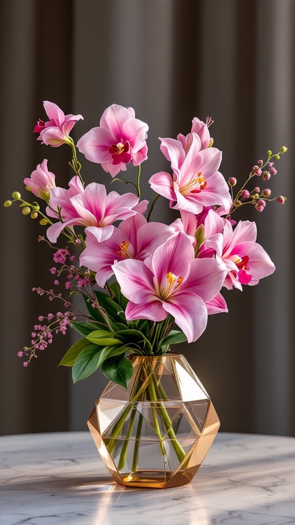 A chic arrangement of pink orchids and lilies in a geometric vase, creating an elegant floral display.