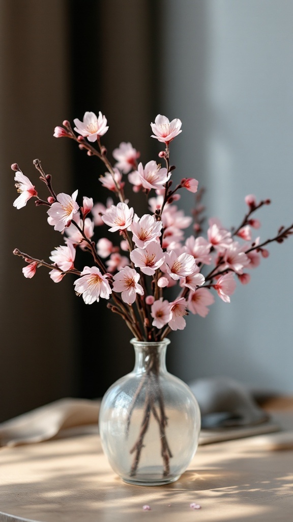 A delicate arrangement of pink cherry blossoms in a glass vase on a table.