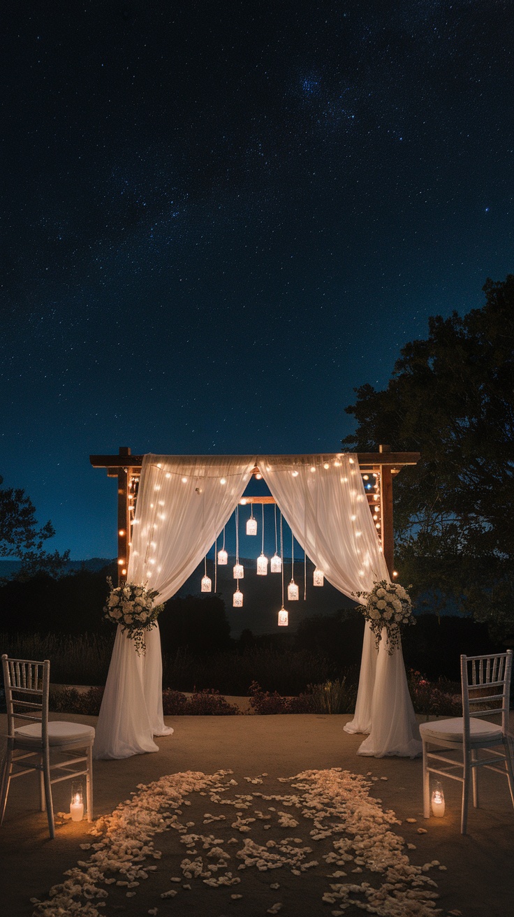 A wooden wedding arch draped with white fabric and decorated with lanterns, set against a night sky.