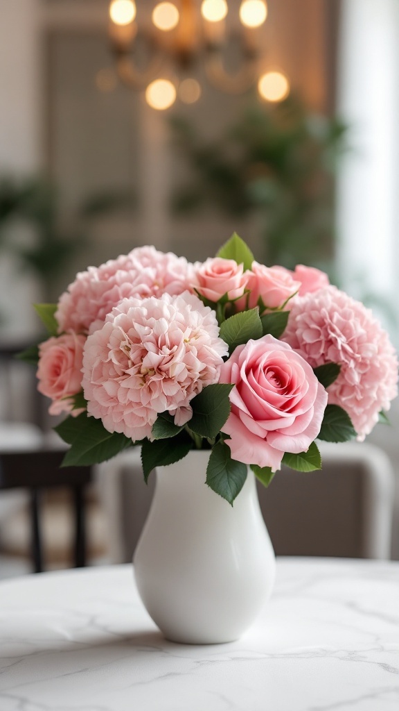 A beautiful floral arrangement featuring pink roses and hydrangeas in a white vase.