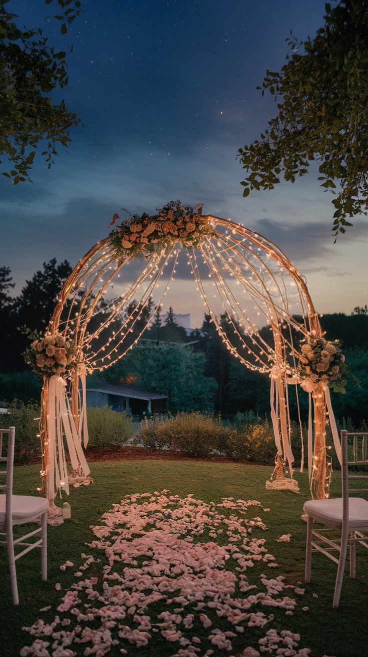 A beautiful outdoor wedding arch decorated with fairy lights and flowers, set in a serene garden.