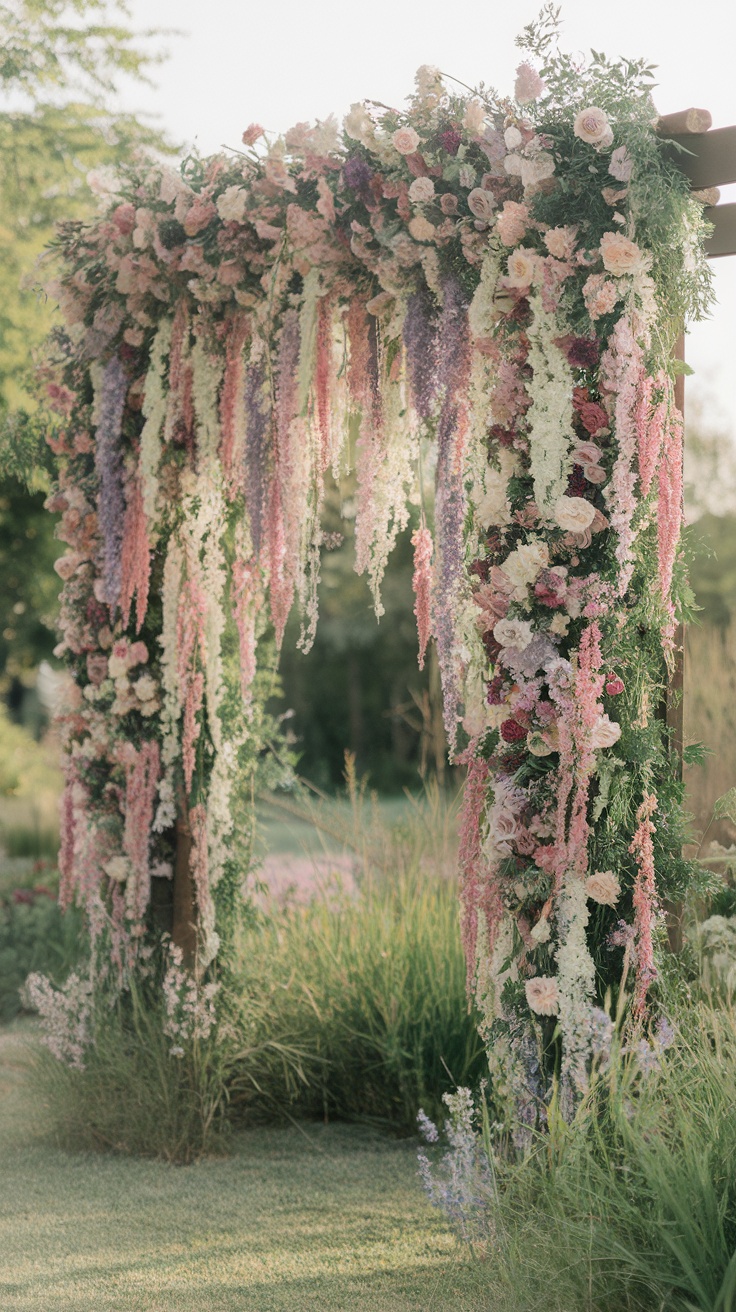 A floral cascade arch adorned with pink, white, and purple flowers, creating a beautiful entrance for an outdoor wedding.