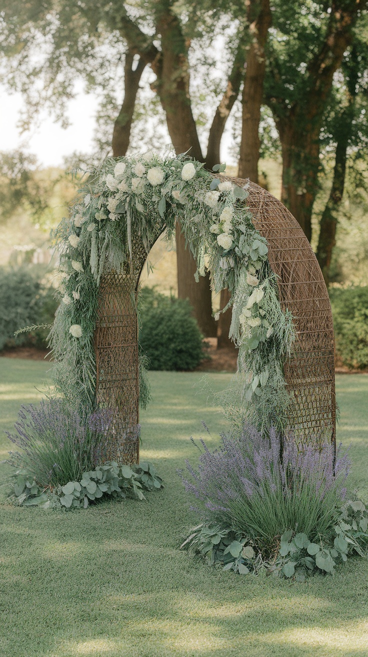 A beautifully arranged lavender and herb wedding arch in an outdoor setting, surrounded by greenery.