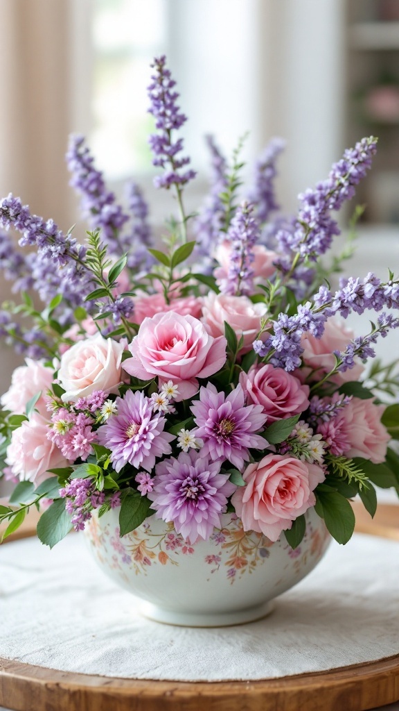 A floral centerpiece with pink roses and lavender flowers in a decorative vase.