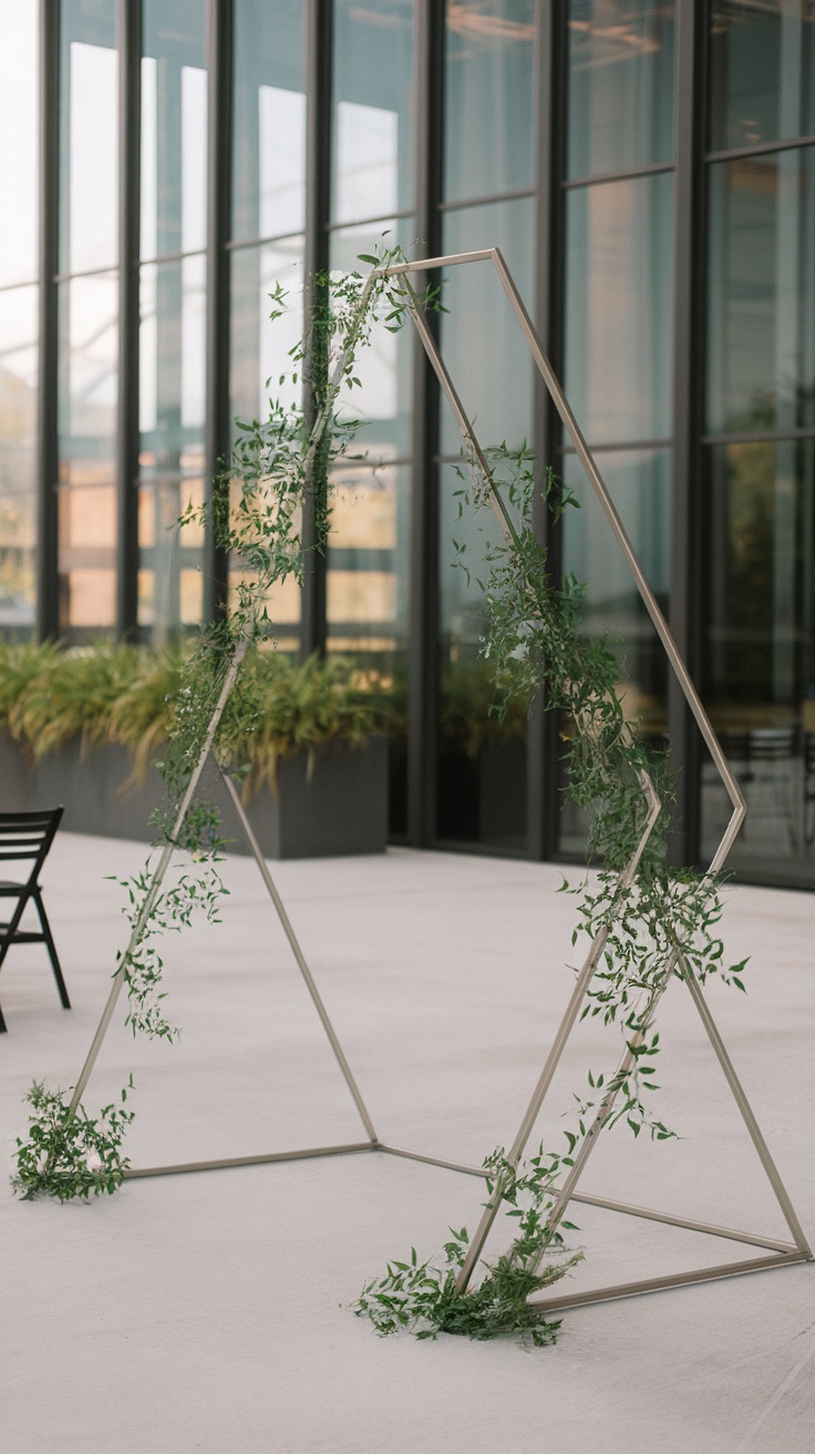A minimalist geometric wedding arch decorated with greenery, set against a modern building