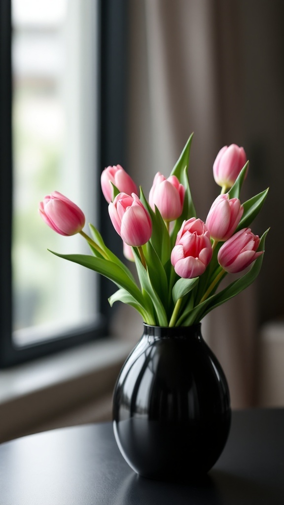 Modern minimalist arrangement of pink tulips in a black vase