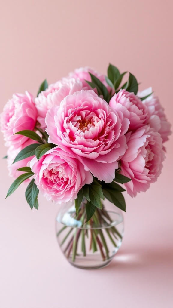 A bouquet of pink peonies in a clear vase against a soft pink background