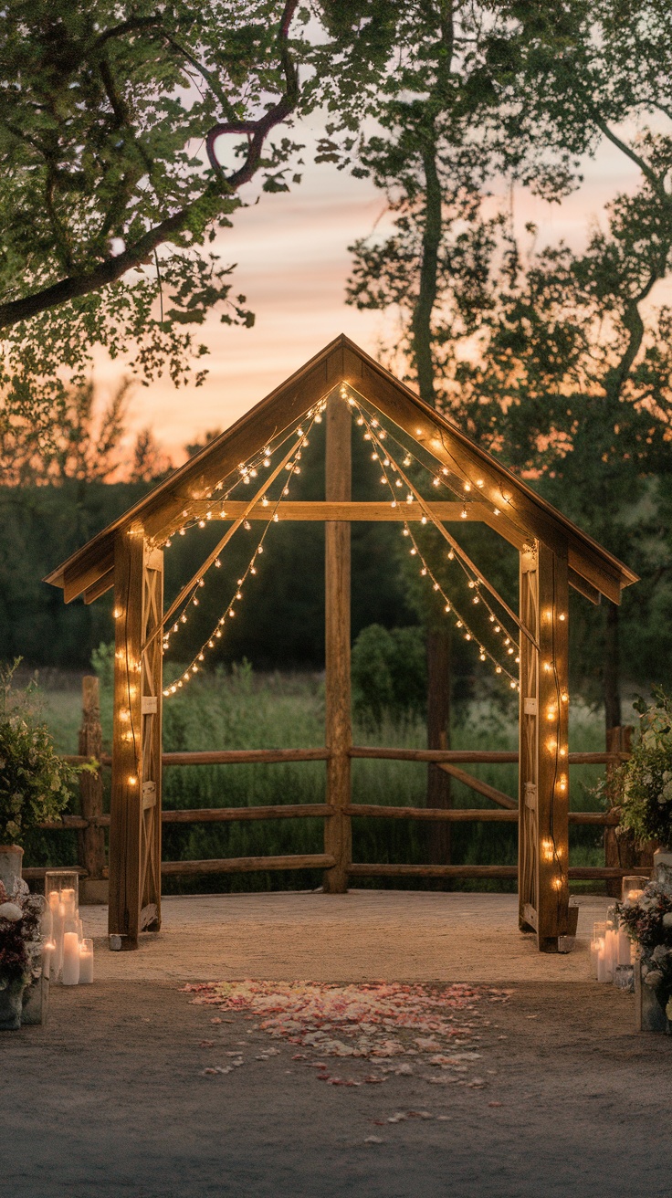 A rustic barnwood arch adorned with string lights, surrounded by rose petals and candles, set against a sunset backdrop.