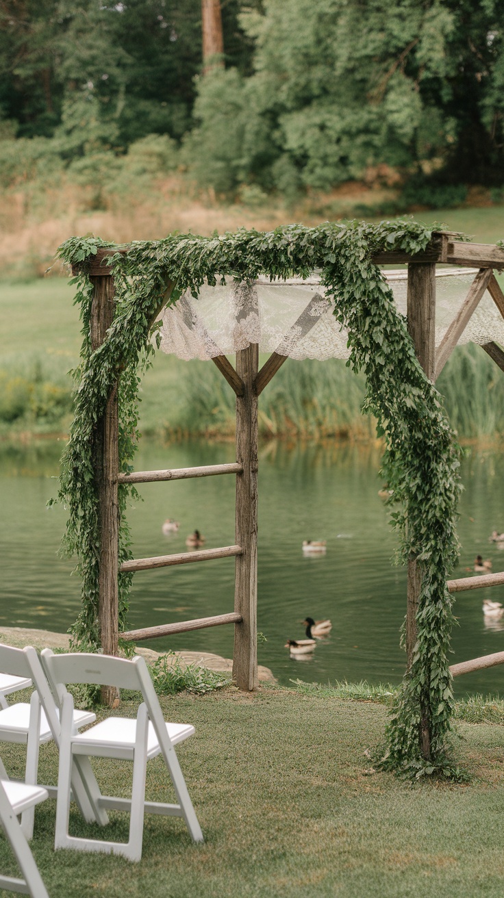 A rustic wooden arbor decorated with greenery and lace, set by a serene pond with ducks.
