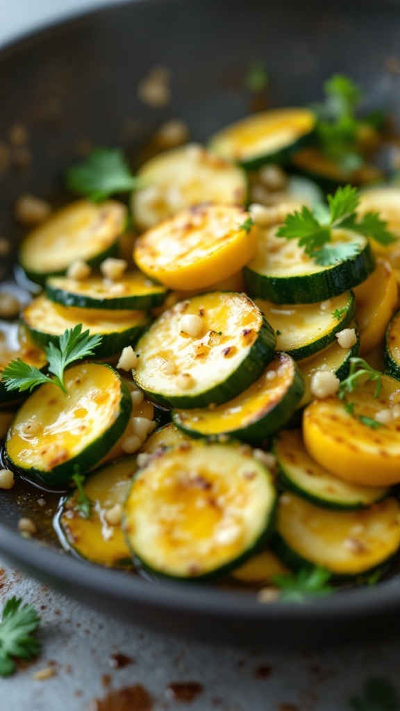 Sautéed zucchini with garlic in a skillet