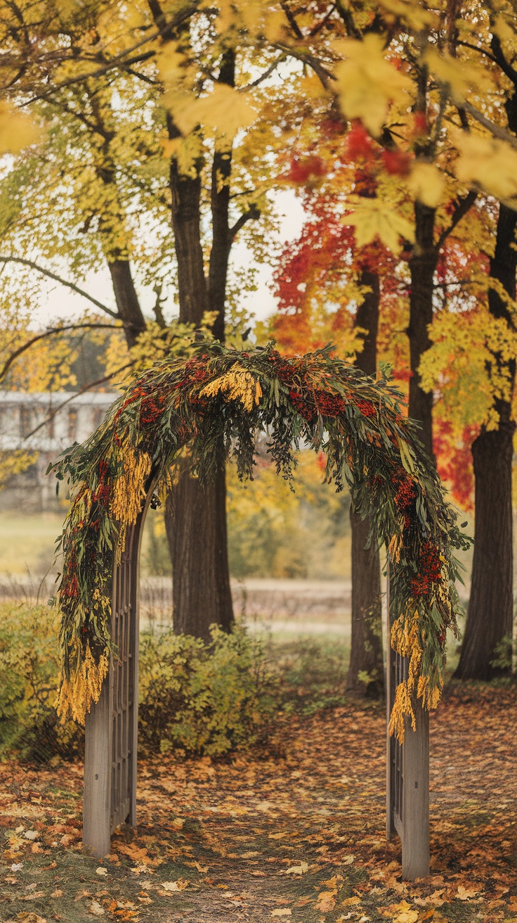 Outdoor wedding arch decorated with seasonal foliage and berries, surrounded by autumn trees.