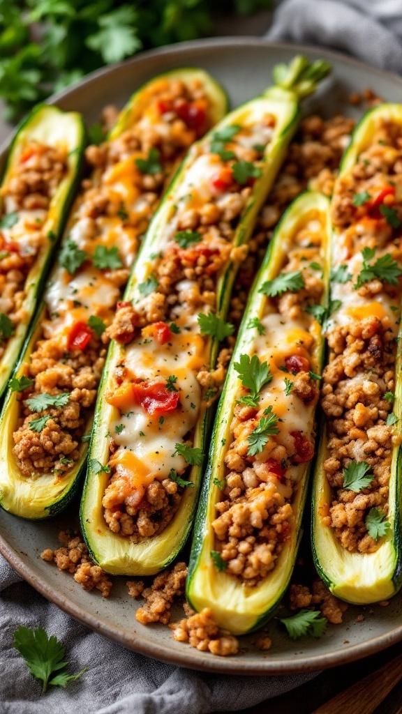 Stuffed zucchini boats filled with ground meat, cheese, and garnished with parsley.