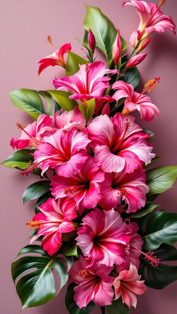 A vibrant arrangement of pink hibiscus flowers and green leaves on a soft pink background.