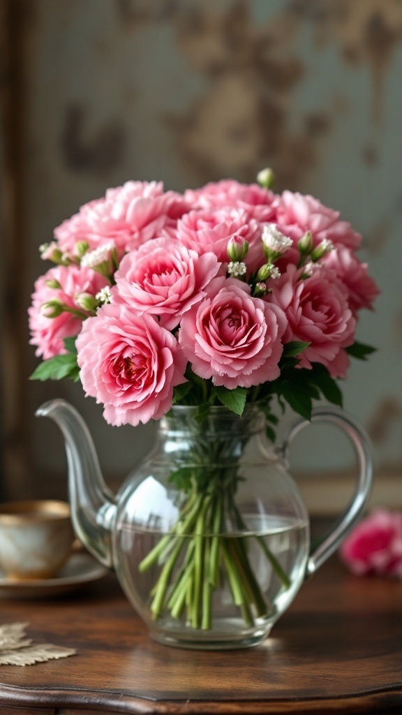 Vintage pink carnation bouquet in a glass teapot