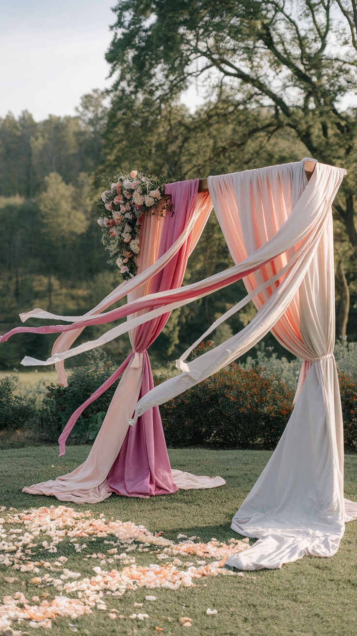 Outdoor wedding arch with whimsical fabric draping in pink and white, decorated with flowers and surrounded by petals on the ground.