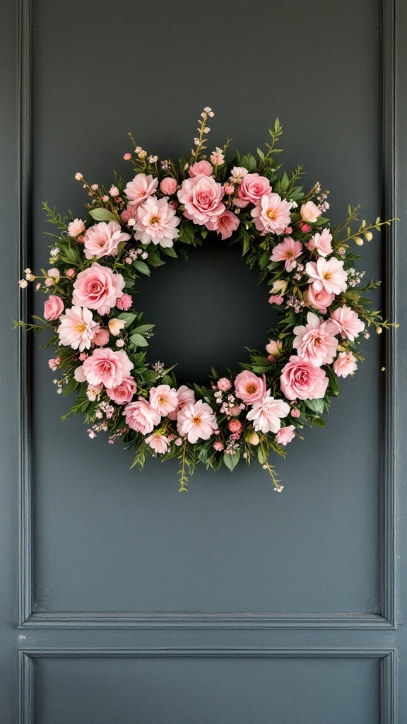 A floral wreath featuring various pink flowers and greenery on a dark background