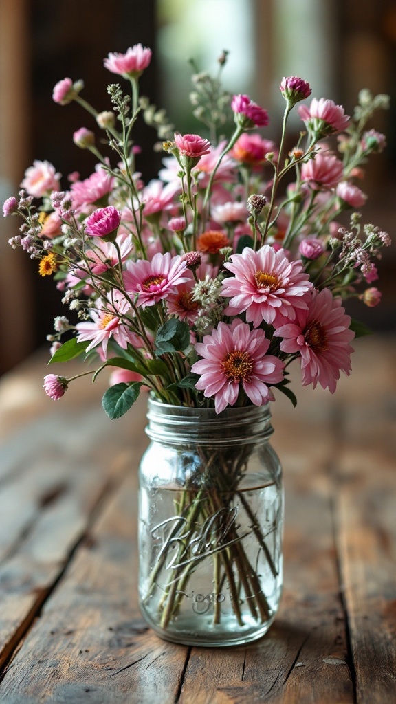 A wildflower meadow arrangement in a mason jar filled with pink flowers.